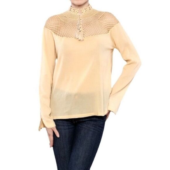 fp S Pale Yellow On The Island Crochet Yoke High Neck Sheer Mesh Bell Sleeve Top - Picture 1 of 14